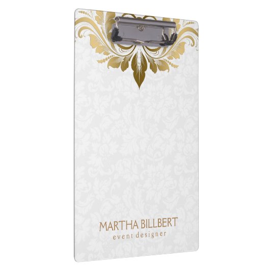 エレガント金ゴールドレース渦巻形のオンプラッシュホワイトダマスク クリップボード (右)