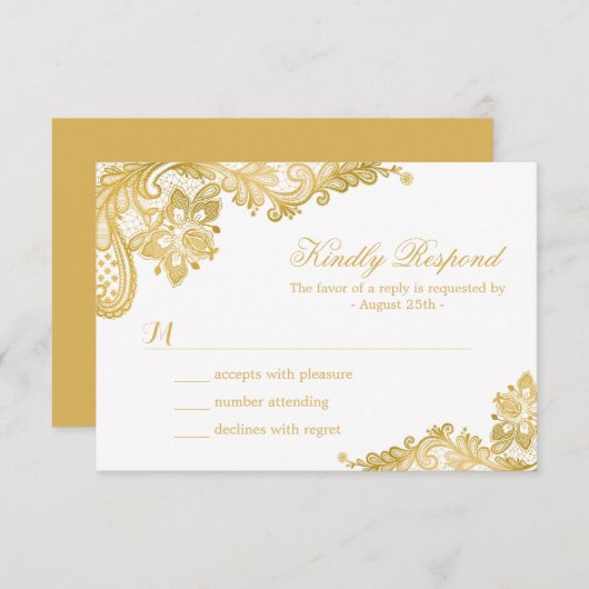 エレガント金ゴールドレース結婚式RSVPカード 出欠カード (正面/裏面)