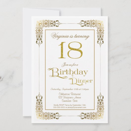 エレガント金ゴールドレース18th華美誕生日ディナー 招待状 (正面)
