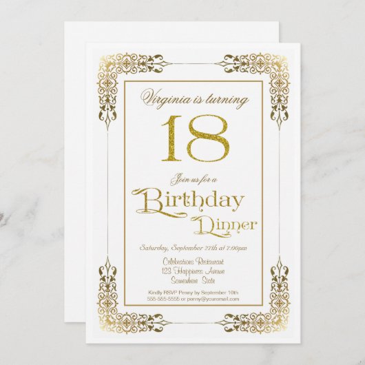 エレガント金ゴールドレース18th華美誕生日ディナー 招待状 (正面/裏面)