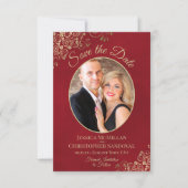 エレガント金ゴールドレース&オーバル写真マーリーレッド結婚ズ セーブザデート (正面)