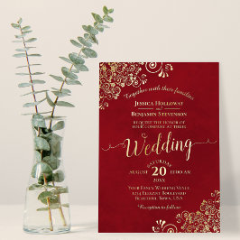 エレガント金ゴールドレースonクリムゾンレッドフリリー結婚ズ 箔招待状