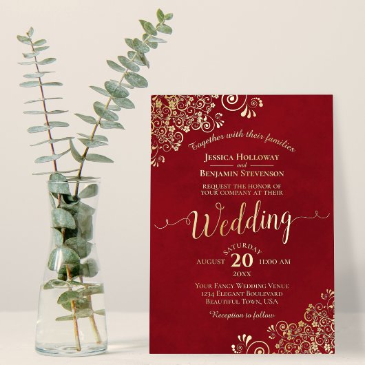 エレガント金ゴールドレースonクリムゾンレッドフリリー結婚ズ 箔招待状