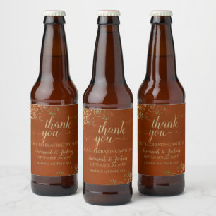 エレガント金ゴールドレースRust Orange結婚's Thank You ビールラベル