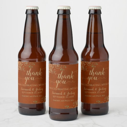 エレガント金ゴールドレースRust Orange結婚's Thank You ビールラベル (ボトル)