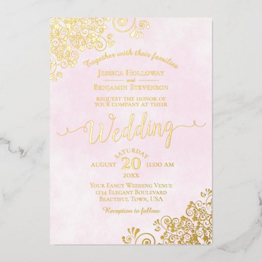 エレガント金ゴールドレー淡い色のスオンファンシーピ結婚ンク 箔招待状 (正面)