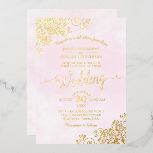 エレガント金ゴールドレー淡い色のスオンファンシーピ結婚ンク 箔招待状 (正面/裏面)