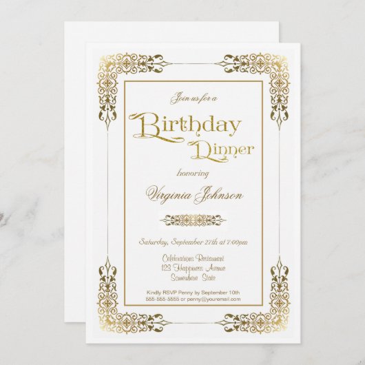 エレガント金ゴールドレ華美ース誕生日ディナーパーティー 招待状 (正面/裏面)