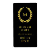 エレガント金ゴールドローレルリースオンブラック結婚ズワイン ラベル (正面)