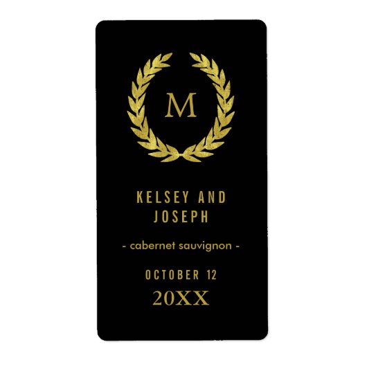 エレガント金ゴールドローレルリースオンブラック結婚ズワイン ラベル (正面)