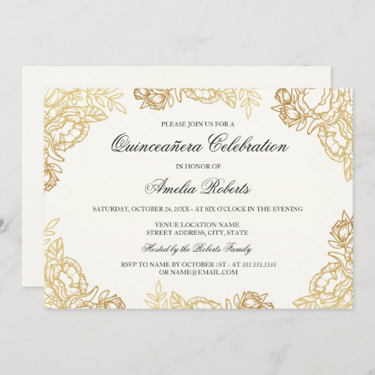 エレガント金ゴールドヴィンテージフローラキンセアニェラ招待状 招待状 (正面/裏面)