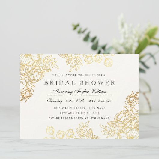 エレガント金ゴールドヴィンテージフローラブライダルシャワー招待状 招待状 (スタンド正面)