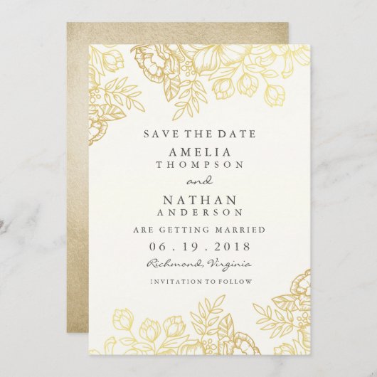 エレガント金ゴールドヴィンテージフローラ保存日付 セーブザデート (正面/裏面)