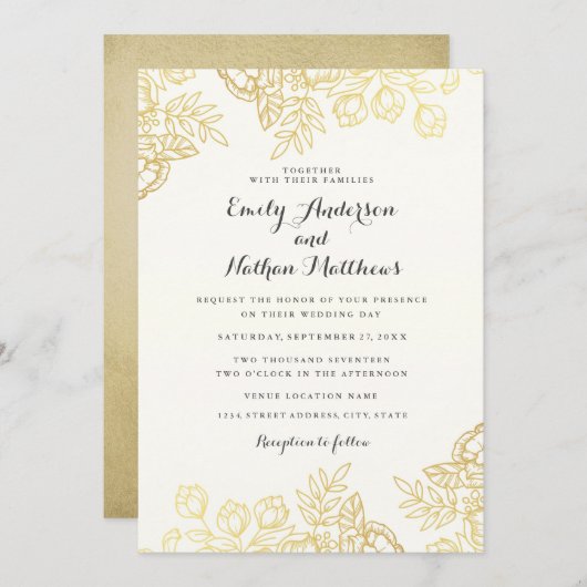 エレガント金ゴールドヴィンテージフローラ結婚式招待状 招待状 (正面/裏面)