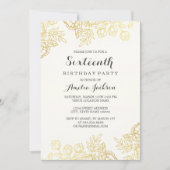 エレガント金ゴールドヴィンテージフローラ16誕生日 招待状 (正面)