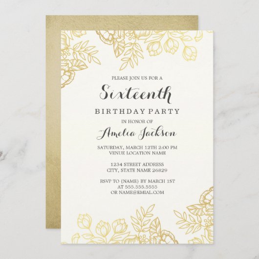 エレガント金ゴールドヴィンテージフローラ16誕生日 招待状 (正面/裏面)