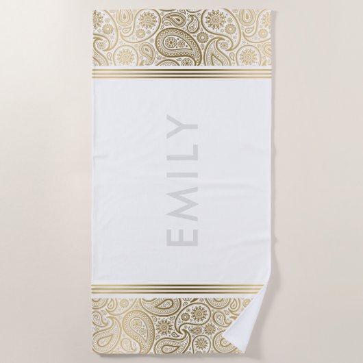 エレガント金ゴールドヴィンテージペイズリー ビーチタオル (正面)