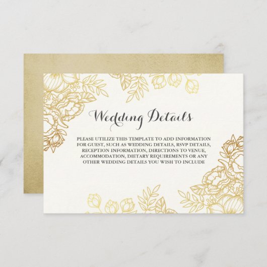 エレガント金ゴールドヴィンテージ結婚フローラ詳細 招待状 (正面/裏面)