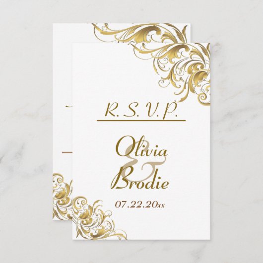 エレガント金ゴールドヴィンテージ結婚渦 出欠カード (正面/裏面)