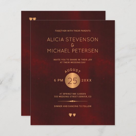 エレガント金ゴールド予算結婚式招待状 (正面/裏面)