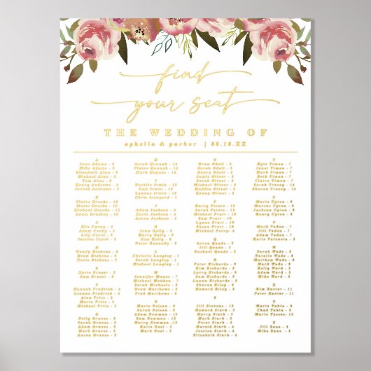 エレガント金ゴールド付きアルファベ実在ル席表 箔ポスター (正面)