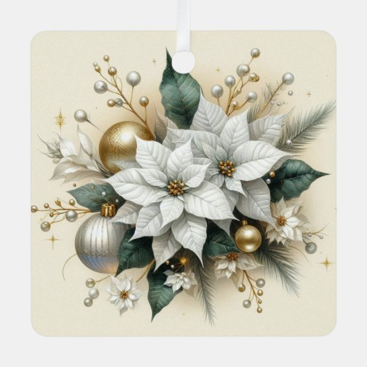 エレガント金ゴールド付きクリスマスホワイトポインセチア メタルオーナメント (正面)