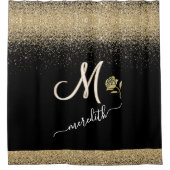 エレガント金ゴールド付き/ブラックカスタムモノグラム名バラ シャワーカーテン (正面)
