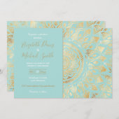 エレガント金ゴールド光ティール（緑がかった色）フローラ 招待状 (正面/裏面)