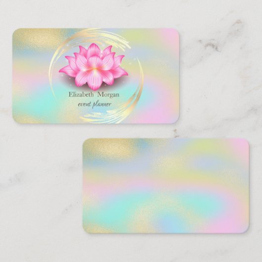 エレガント金ゴールド円ホログラフィカラフルックロータス 名刺 (正面/裏面)