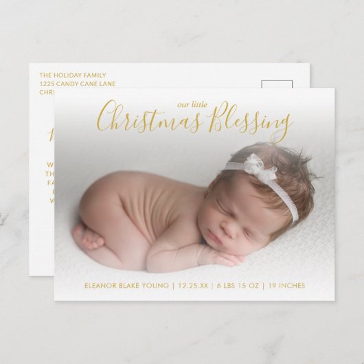 エレガント金ゴールド写真の休日の誕生発表 案内ポストカード (正面/裏面)