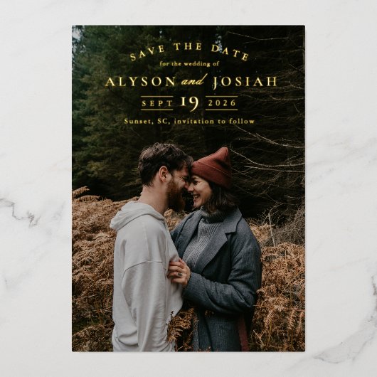 エレガント金ゴールド写真の保存日付 箔招待状 (正面)