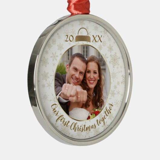 エレガント金ゴールド写真の初めてのクリスマス メタルオーナメント (右)