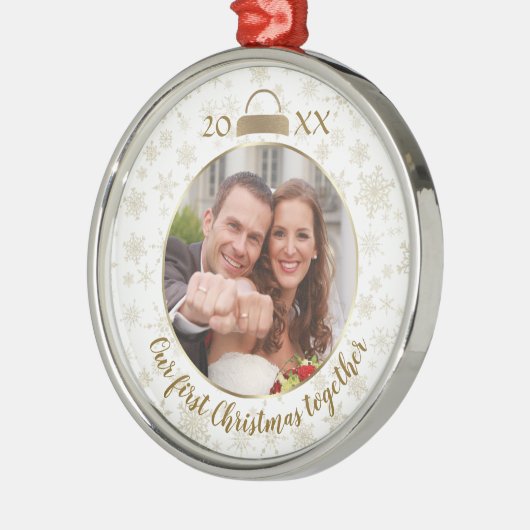エレガント金ゴールド写真の初めてのクリスマス メタルオーナメント (左)