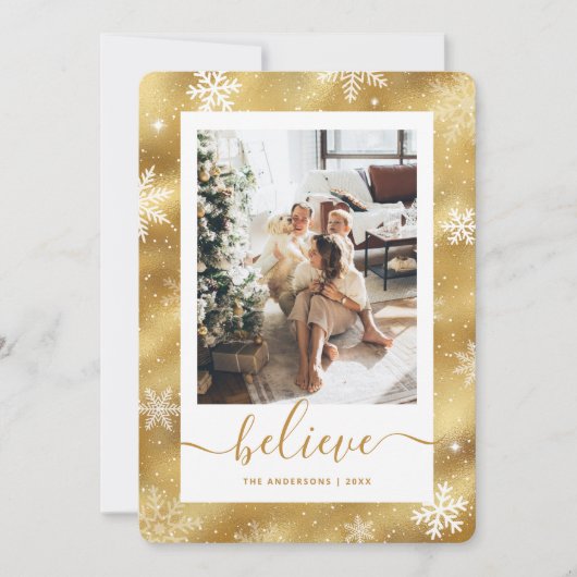 エレガント金ゴールド写真スノーフレーク シーズンカード (正面)
