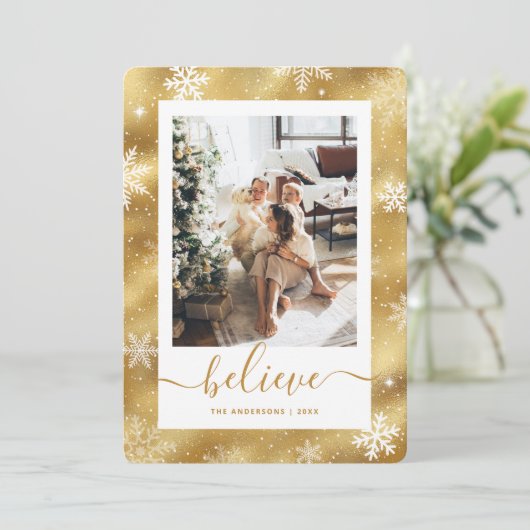エレガント金ゴールド写真スノーフレーク シーズンカード (スタンド正面)