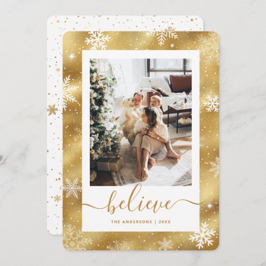 エレガント金ゴールド写真スノーフレーク シーズンカード (正面/裏面)