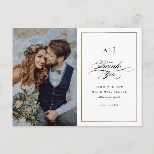 エレガント金ゴールド写真結婚の感謝はがき ポストカード (正面)
