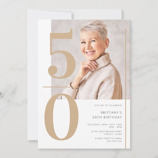 エレガント金ゴールド写真50誕生日 招待状 (正面)