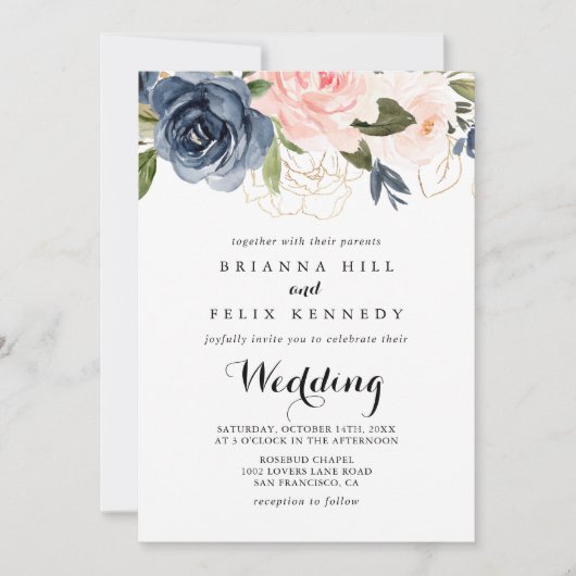 エレガント金ゴールド冬フローラフロント&バック結婚ズ 招待状 (正面)