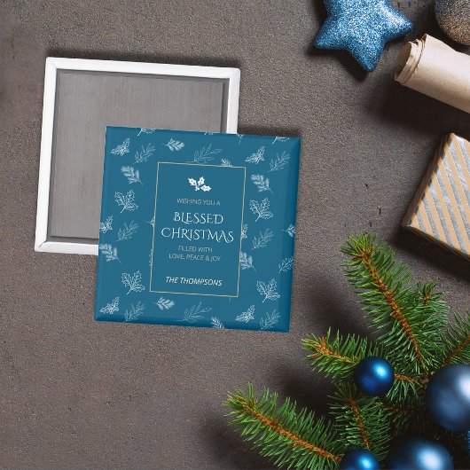 エレガント金ゴールド冬離れの青いクリスマス マグネット