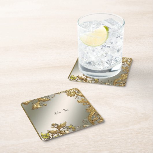 エレガント金ゴールド加飾フローラ紙コースター スクエアペーパーコースター (インサイチュ)