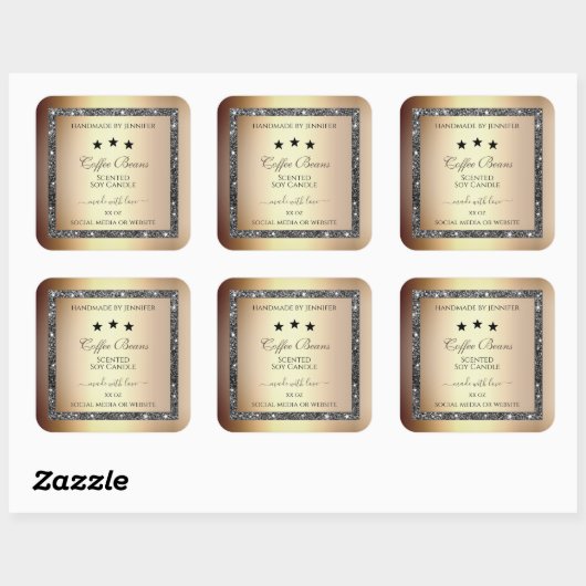 エレガント金ゴールド効果銀グリッター製品ラベル スクエアシール (シート)