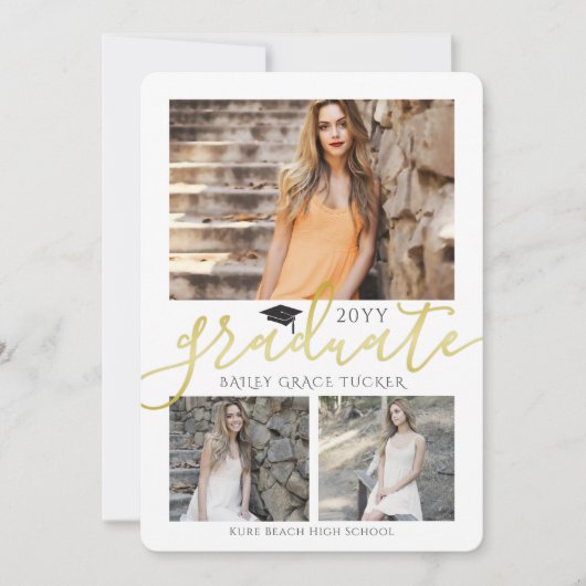 エレガント金ゴールド卒業コラージュ招待状 案内状 (正面)