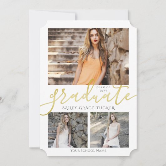 エレガント金ゴールド卒業生4写真コラージュ卒業 案内状 (正面)