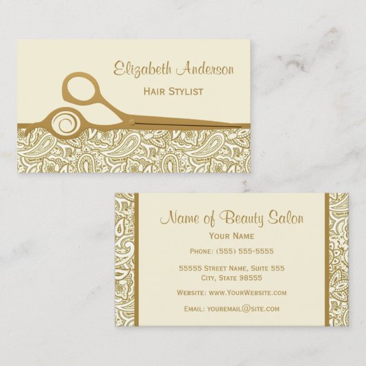 エレガント金ゴールド及びアイボリーペイズリーヘアサロン 名刺 (正面/裏面)