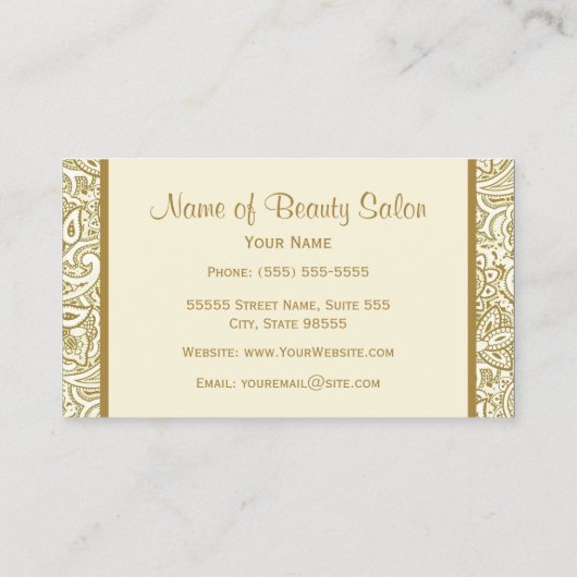 エレガント金ゴールド及びアイボリーペイズリーヘアサロン 名刺 (裏面)