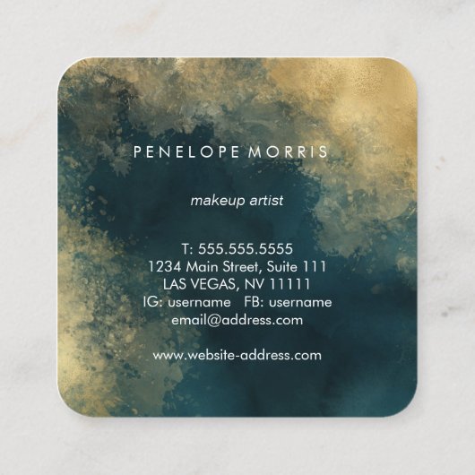 エレガント金ゴールド及びティール（緑がかった色）美しいスタイリスト スクエア名刺 (裏面)
