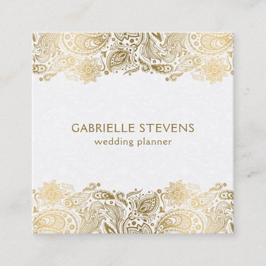 エレガント金ゴールド及び白ペイズリーウェディングプランナー スクエア名刺 (正面)