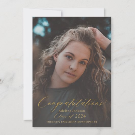 エレガント金ゴールド台本のモダン写真 案内状 (正面)