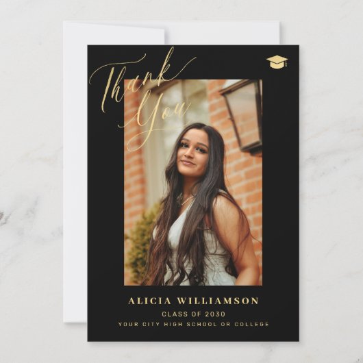 エレガント金ゴールド台本の卒業写真の卒業 サンキューカード (正面)